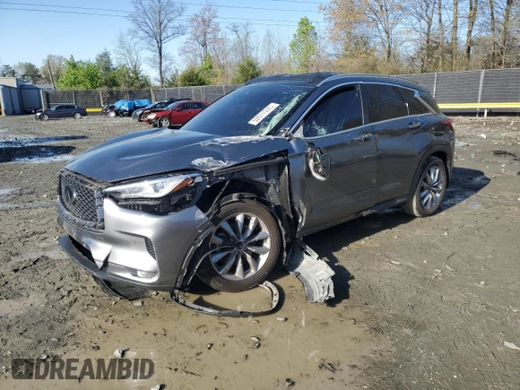 2021 Infiniti QX50 Essential with VIN 3PCAJ5CB8MF103010, listed as a Copart auction lot 52017245 with 49,726 mi miles and Salvage title. Bid and sale history available at DreamBid. Image 1.