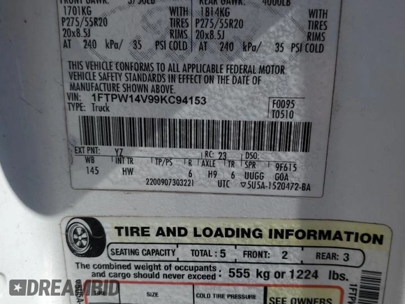 2009 Ford F-150 XL с VIN 1FTPW14V99KC94153, выставлен на аукционе Copart как лот 49473415 с пробегом 202 809 миль миль и Списание • Salvage title. История ставок и продаж доступна на DreamBid. Изображение 14.