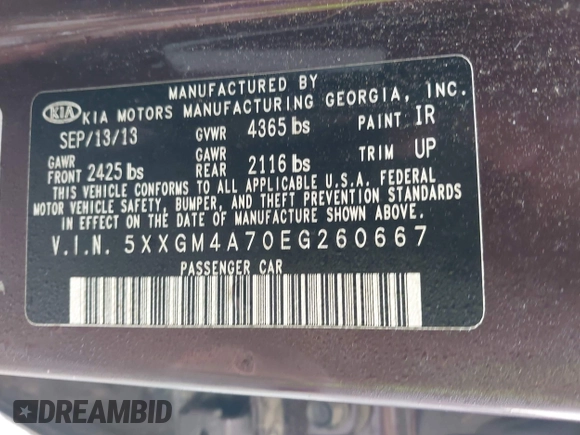 2014 Kia Optima LX with VIN 5XXGM4A70EG260667, listed as a IAAI auction lot 42531882 with 147,829 mi miles and . Bid and sale history available at DreamBid. Image 9.