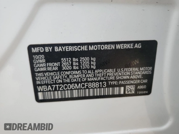 2021 BMW 7 Series 740i with VIN WBA7T2C06MCF88813, listed as a Copart auction lot 49589555 with 60,802 mi miles and Salvage title. Bid and sale history available at DreamBid. Image 12.