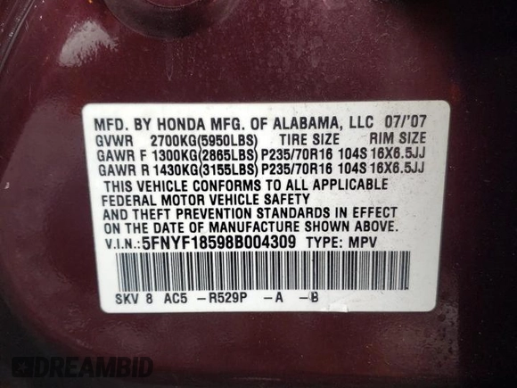 2008 Honda Pilot EX-L with VIN 5FNYF18598B004309, listed as a Copart auction lot 52238625 with 249,569 mi miles and Clean Title. Bid and sale history available at carsss.com. Image 13.