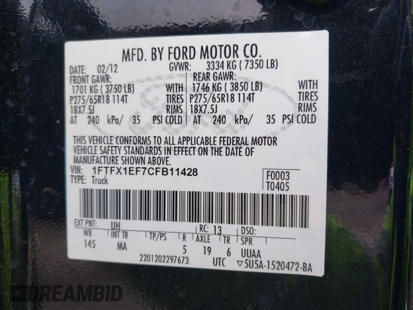 2012 Ford F-150 XL with VIN 1FTFX1EF7CFB11428, listed as a IAAI auction lot 41882609 with 109,112 mi miles. Bid and sale history available at carsss.com. Image 9.