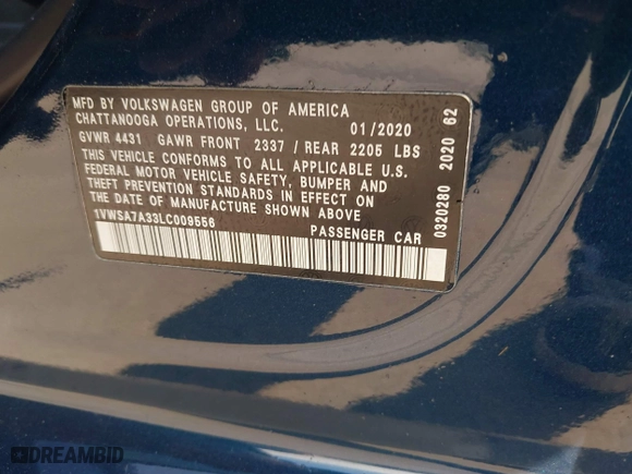 2020 Volkswagen Passat 2.0T SE with VIN 1VWSA7A33LC009556, listed as a IAAI auction lot 40989431 with 96,540 mi miles. Bid and sale history available at carsss.com. Image 9.
