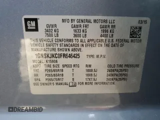 2015 Chevrolet Suburban LT with VIN 1GNSKJKC0FR646425, listed as a Copart auction lot 44880954 with 116,995 mi miles and . Bid and sale history available at DreamBid. Image 13.
