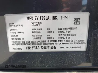 2020 Tesla Model S Long Range with VIN 5YJSA1E24LF415849, listed as a IAAI auction lot 42571945 with 34,398 mi miles and . Bid and sale history available at DreamBid. Image 9.