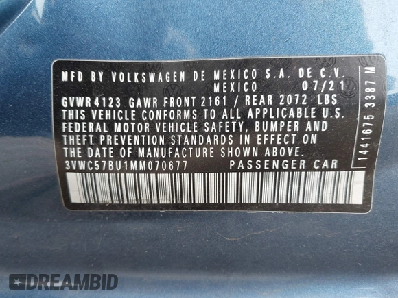 2021 Volkswagen Jetta S z VIN 3VWC57BU1MM070677, wystawiony jako IAAI lot #42312226 z przebiegiem 53 808 mil mil oraz . Historia ofert i sprzedaży dostępna na DreamBid. Obrazek 9.
