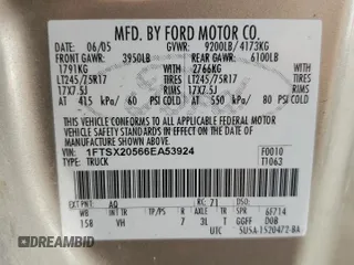 2006 Ford F-250 XL with VIN 1FTSX20566EA53924, listed as a Copart auction lot 56598195 with 237,387 mi miles and Salvage title. Bid and sale history available at DreamBid. Image 12.