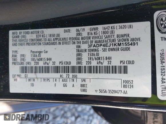 2019 Ford Fiesta SE with VIN 3FADP4EJ1KM155491, listed as a IAAI auction lot 42041050 with 72,381 mi miles. Bid and sale history available at carsss.com. Image 9.