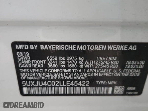 2020 BMW X5 M50i with VIN 5UXJU4C02LLE45422, listed as a Copart auction lot 44119775 with 60,241 mi miles and Salvage Title. Bid and sale history available at DreamBid. Image 13.