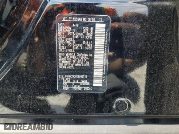 2019 Nissan Armada SL with VIN JN8AY2ND8K9092742, listed as a Copart auction lot 48967225 with 91,245 mi miles and Salvage Title. Bid and sale history available at carsss.com. Image 16.