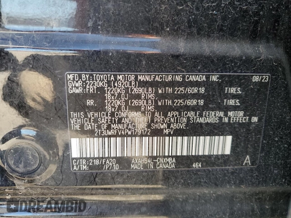 2023 Toyota RAV4 Hybrid XLE with VIN 2T3UWRFV4PW179172, listed as a Copart auction lot 43275055 with 39,753 mi miles and Salvage Title. Bid and sale history available at carsss.com. Image 14.