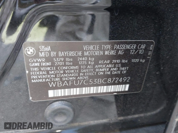 2011 BMW 5 Series 535i xDrive with VIN WBAFU7C53BC872492, listed as a IAAI auction lot 42011055 with 53,647 mi miles and . Bid and sale history available at DreamBid. Image 9.