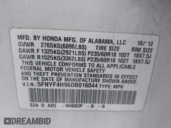 2013 Honda Pilot Touring with VIN 5FNYF4H96DB016044, listed as a IAAI auction lot 42314590 with 183,913 mi miles and . Bid and sale history available at DreamBid. Image 9.