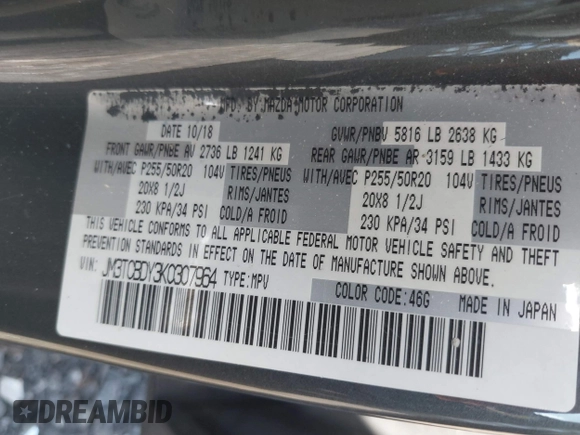 2019 Mazda CX-9 Grand Touring with VIN JM3TCBDY3K0307964, listed as a IAAI auction lot 41706594 with 170,596 mi miles and . Bid and sale history available at DreamBid. Image 9.