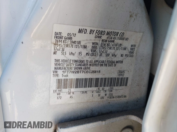 2012 Ford F-250 XL with VIN 1FT7W2BT7CEC25815, listed as a IAAI auction lot 42715930 with 338,120 mi miles and . Bid and sale history available at DreamBid. Image 9.