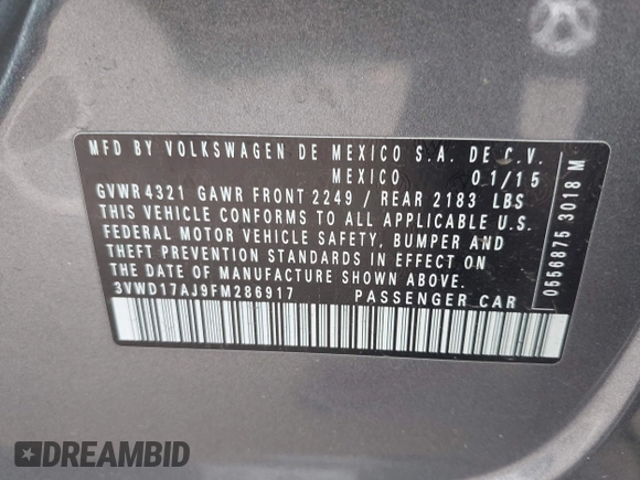 2015 Volkswagen Jetta Sedan 1.8T SE with VIN 3VWD17AJ9FM286917, listed as a IAAI auction lot 41904565 with 166,841 mi miles. Bid and sale history available at carsss.com. Image 9.