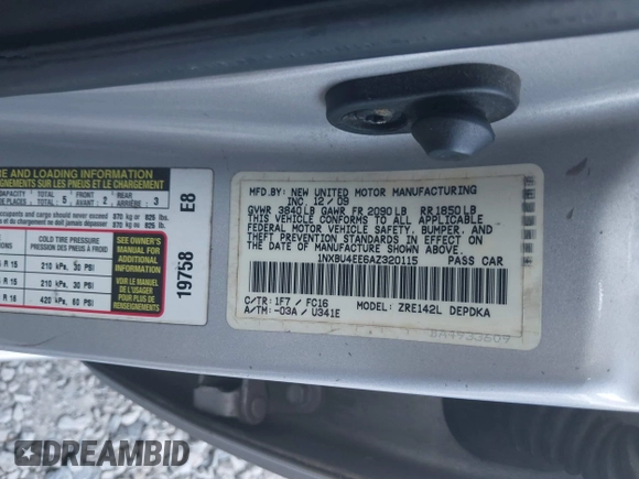 2010 Toyota Corolla with VIN 1NXBU4EE6AZ320115, listed as a IAAI auction lot 42069282 with 183,905 mi miles. Bid and sale history available at carsss.com. Image 9.