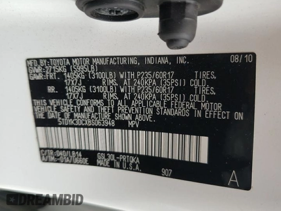 2011 Toyota Sienna XLE AAS with VIN 5TDYK3DCXBS063948, listed as a Copart auction lot 59776695 with 305,799 mi miles and Salvage title. Bid and sale history available at DreamBid. Image 13.