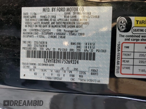 2007 Ford Mustang GT Deluxe with VIN 1ZVHT82H175269324, listed as a Copart auction lot 53124235 with Not Provided miles and Salvage Title. Bid and sale history available at carsss.com. Image 14.