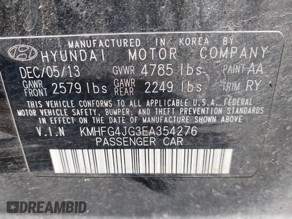 2014 Hyundai Azera with VIN KMHFG4JG3EA354276, listed as a IAAI auction lot 41892879 with 114,147 mi miles and . Bid and sale history available at carsss.com. Image 9.