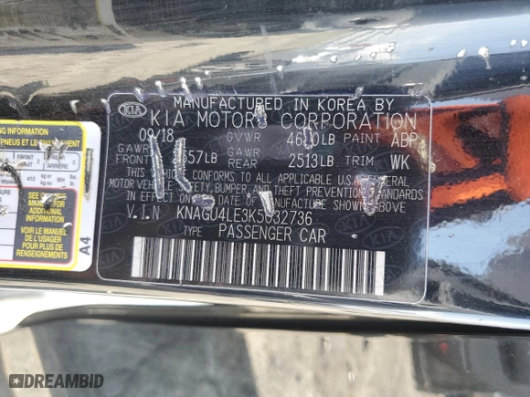 2019 Kia Optima Hybrid EX with VIN KNAGU4LE3K5032736, listed as a Copart auction lot 54017465 with 117,306 mi miles and Clean Title. Bid and sale history available at carsss.com. Image 12.