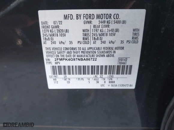 2022 Ford Edge SE with VIN 2FMPK4G97NBA86722, listed as a IAAI auction lot 41271711 with 100,688 mi miles. Bid and sale history available at carsss.com. Image 9.