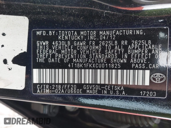 2012 Toyota Camry SE with VIN 4T1BK1FKXCU011825, listed as a IAAI auction lot 41643470 with 114,145 mi miles. Bid and sale history available at carsss.com. Image 9.