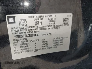 2012 Chevrolet Tahoe Commercial with VIN 1GNLC2E05CR320494, listed as a IAAI auction lot 42838775 with 120,139 mi miles and . Bid and sale history available at DreamBid. Image 9.