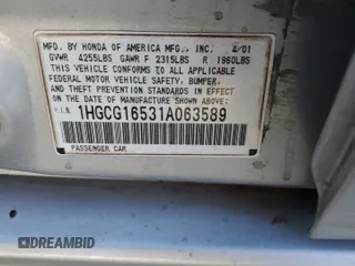 2001 Honda Accord EX z VIN 1HGCG16531A063589, wystawiony jako Copart lot #57875015 z przebiegiem Nie podano mil oraz Szkoda całkowita • Salvage title. Historia ofert i sprzedaży dostępna na DreamBid. Obrazek 12.