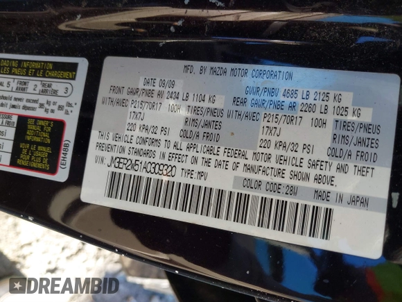 2010 Mazda CX-7 Sport with VIN JM3ER2W51A0309320, listed as a IAAI auction lot 41344822 with 155,663 mi miles and . Bid and sale history available at DreamBid. Image 9.