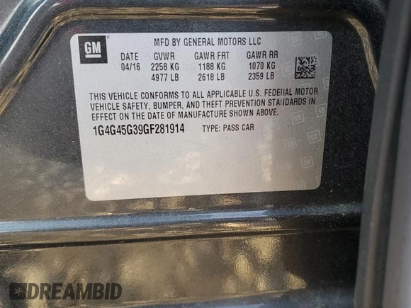 2016 Buick LaCrosse Sport Touring with VIN 1G4G45G39GF281914, listed as a Copart auction lot 54756355 with 66,437 mi miles and Salvage title. Bid and sale history available at DreamBid. Image 12.