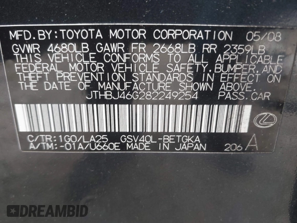 2008 Lexus ES 350 with VIN JTHBJ46G282249254, listed as a IAAI auction lot 42012310 with 193,675 mi miles. Bid and sale history available at carsss.com. Image 9.