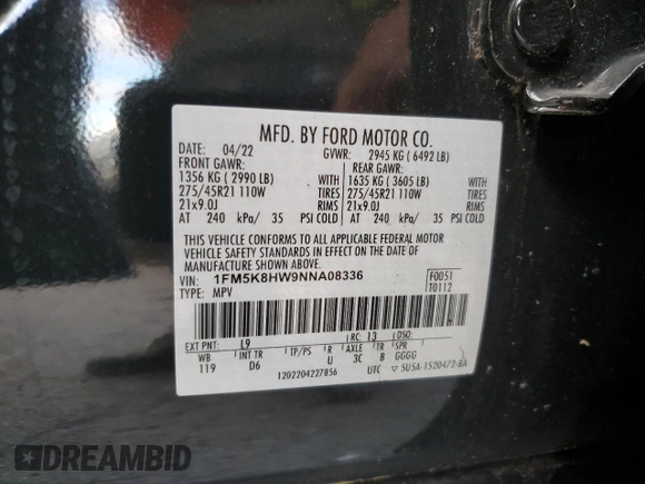 2022 Ford Explorer Platinum with VIN 1FM5K8HW9NNA08336, listed as a Copart auction lot 73702754 with 14,810 mi miles and Clean Title. Bid and sale history available at carsss.com. Image 13.