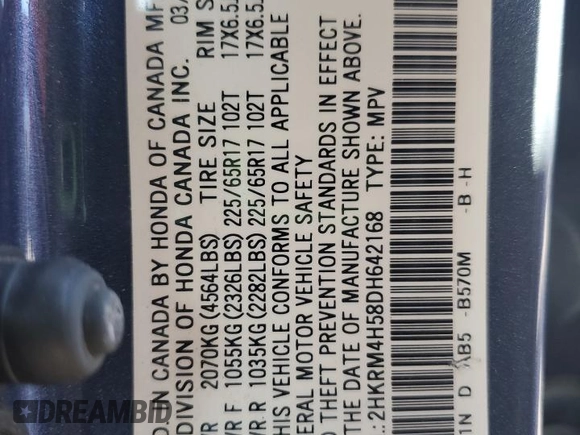 2013 Honda CR-V EX with VIN 2HKRM4H58DH642168, listed as a Copart auction lot 45562155 with 172,189 mi miles and Salvage Title. Bid and sale history available at DreamBid. Image 14.
