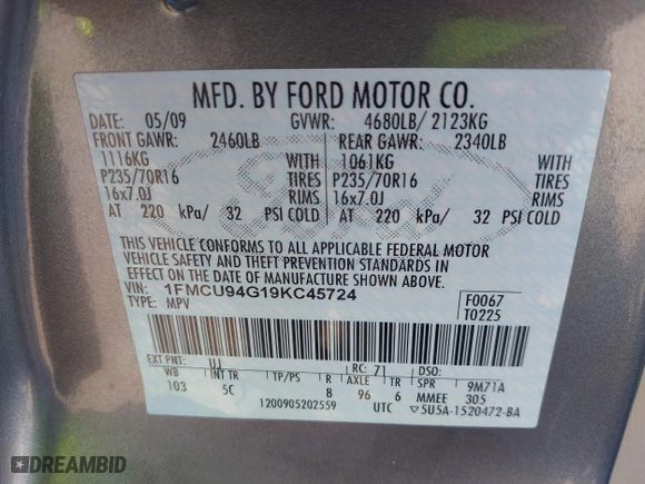 2009 Ford Escape Limited with VIN 1FMCU94G19KC45724, listed as a IAAI auction lot 41860671 with 188,520 mi miles. Bid and sale history available at carsss.com. Image 9.