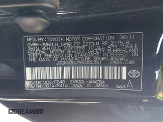 2011 Toyota Prius I with VIN JTDKN3DU9B0302351, listed as a IAAI auction lot 41833063 with 93,635 mi miles. Bid and sale history available at carsss.com. Image 9.