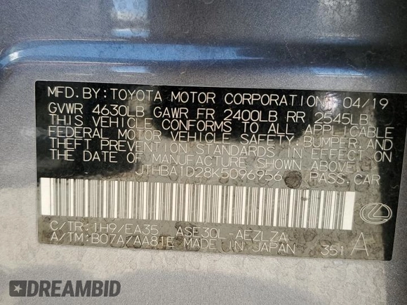 2019 Lexus IS 300 z VIN JTHBA1D28K5096956, wystawiony jako Copart lot #54837935 z przebiegiem 109 948 mil mil oraz Szkoda całkowita • Salvage title. Historia ofert i sprzedaży dostępna na DreamBid. Obrazek 12.