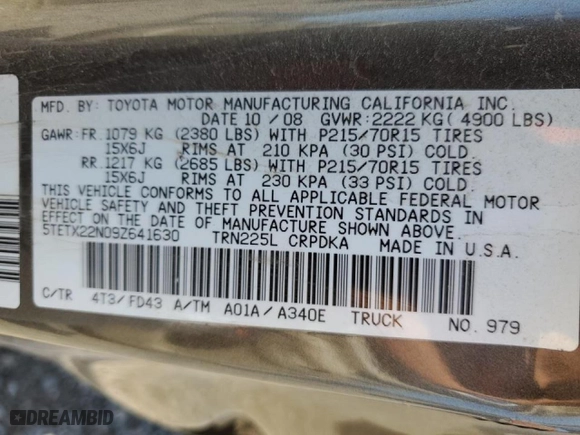 2009 Toyota Tacoma with VIN 5TETX22N09Z641630, listed as a Copart auction lot 46839445 with 145,131 mi miles and Salvage Title. Bid and sale history available at carsss.com. Image 12.