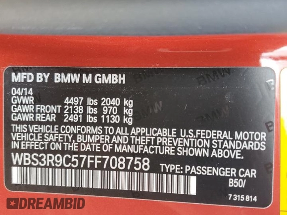 2015 BMW M4 with VIN WBS3R9C57FF708758, listed as a Copart auction lot 41101764 with 65,416 mi miles. Bid and sale history available at carsss.com. Image 14.
