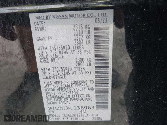 2023 Nissan Murano SV with VIN 5N1AZ2BJ3PC136963, listed as a IAAI auction lot 42386715 with 30,619 mi miles and . Bid and sale history available at DreamBid. Image 9.