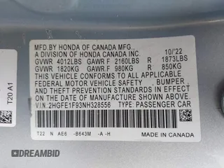 2022 Honda Civic Sedan Touring with VIN 2HGFE1F93NH328556, listed as a IAAI auction lot 39760314 with 24,564 mi miles. Bid and sale history available at carsss.com. Image 12.