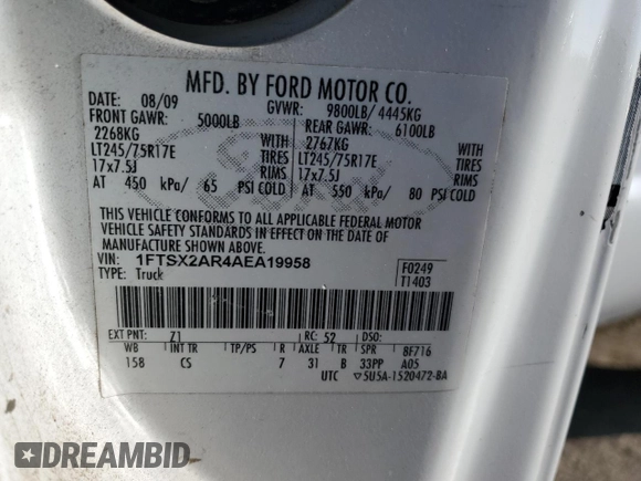 2010 Ford F-250 with VIN 1FTSX2AR4AEA19958, listed as a Copart auction lot 86296244 with 122,349 mi miles and Clean title. Bid and sale history available at DreamBid. Image 12.
