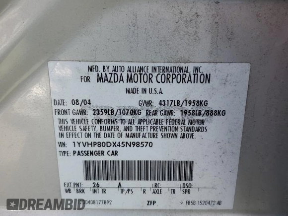 2004 Mazda Mazda6 s with VIN 1YVHP80DX45N98570, listed as a Copart auction lot 45846565 with 117,398 mi miles and Salvage Title. Bid and sale history available at carsss.com. Image 12.