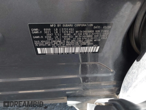 2020 Subaru Ascent Limited z VIN 4S4WMAPD2L3459087, wystawiony jako IAAI lot #42312884 z przebiegiem 109 346 mil mil oraz . Historia ofert i sprzedaży dostępna na DreamBid. Obrazek 9.