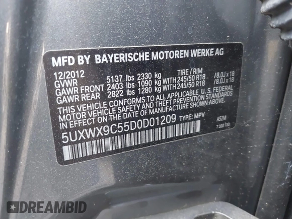 2013 BMW X3 xDrive28i with VIN 5UXWX9C55D0D01209, listed as a IAAI auction lot 42106173 with 1,008,276 mi miles and . Bid and sale history available at DreamBid. Image 9.