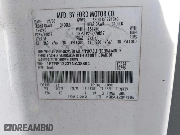 2007 Ford F-150 XL with VIN 1FTRF12237NA38894, listed as a IAAI auction lot 41834362 with 392,011 mi miles. Bid and sale history available at carsss.com. Image 9.