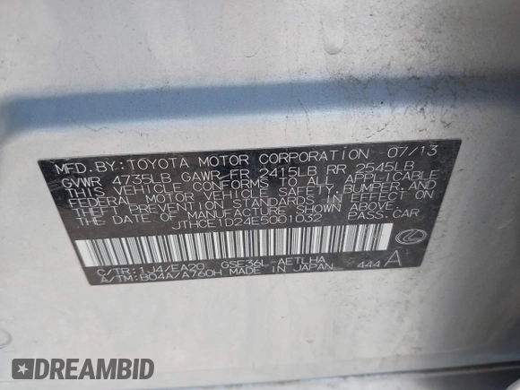 2014 Lexus IS 350 with VIN JTHCE1D24E5001032, listed as a IAAI auction lot 42417284 with 132,596 mi miles and . Bid and sale history available at DreamBid. Image 9.