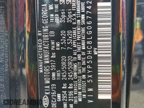 2020 Kia Telluride SX with VIN 5XYP5DHC8LG067742, listed as a Copart auction lot 49275775 with 62,368 mi miles and Salvage Title. Bid and sale history available at DreamBid. Image 16.