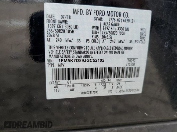 2018 Ford Explorer XLT with VIN 1FM5K7D89JGC52102, listed as a Copart auction lot 41953375 with 49,400 mi miles and Salvage title. Bid and sale history available at DreamBid. Image 15.