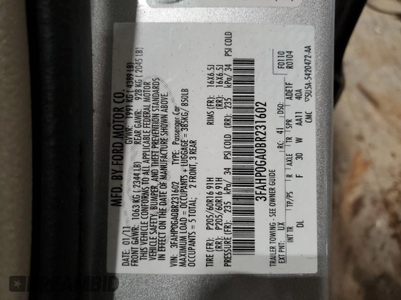 2011 Ford Fusion S with VIN 3FAHP0GA0BR231602, listed as a Copart auction lot 75859254 with 172,351 mi miles and Non Repairable. Bid and sale history available at carsss.com. Image 12.